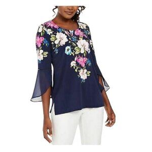 NWT JM Collection Long Sleeved Embellished Floral Navy SheerTunic Top 3X